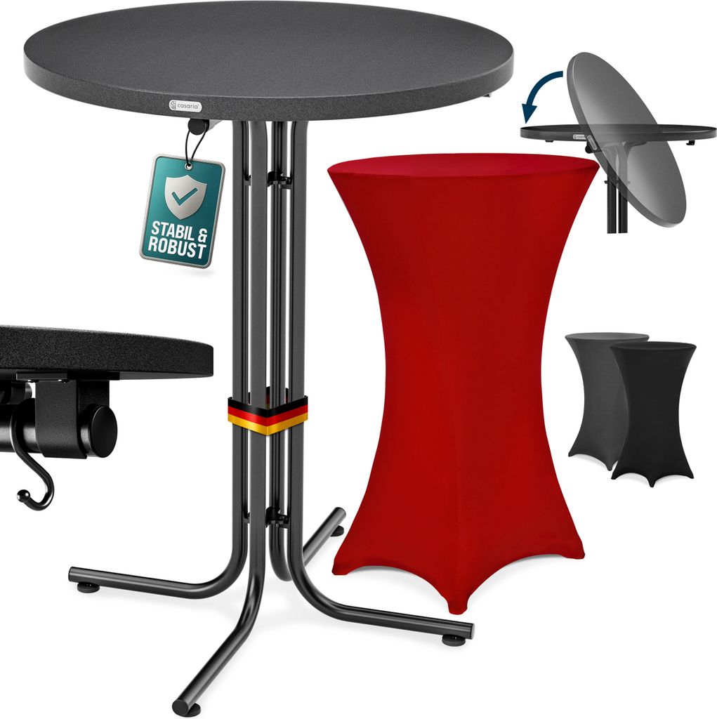 CASARIA Stehtisch mit Husse 70 cm Klappbar Bordeaux-Rot Rund Holz Metall Pulverbeschichtet Wetterfest Hoch Set Hochzeit Bistrotisch Bar Party Tisch