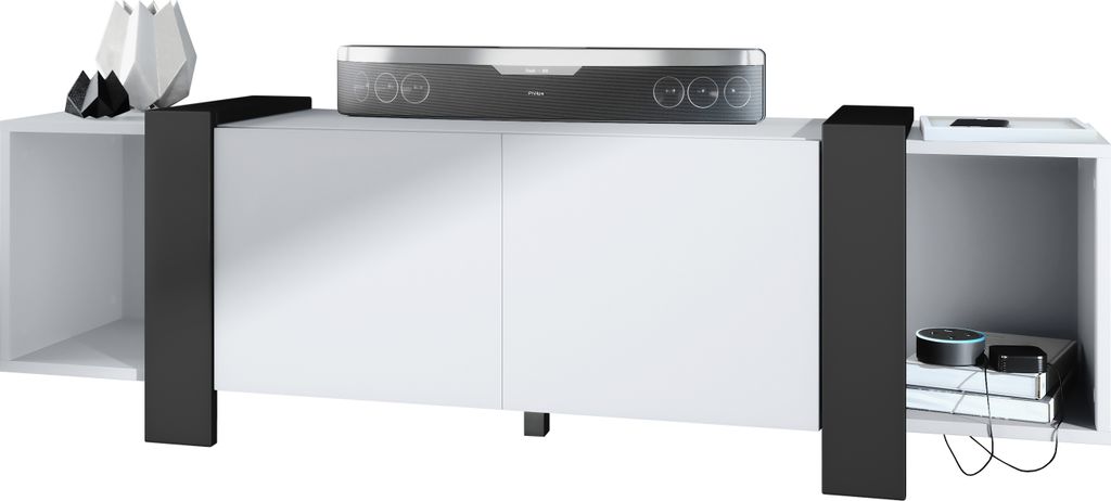 Vladon Lowboard Ida 149 x 45,5 x 34 cm TV-Board mit 4 Fächern und PTO-Türen, Germany, Korpus in Weiß matt, Blenden in Schwarz matt | Große Farb...