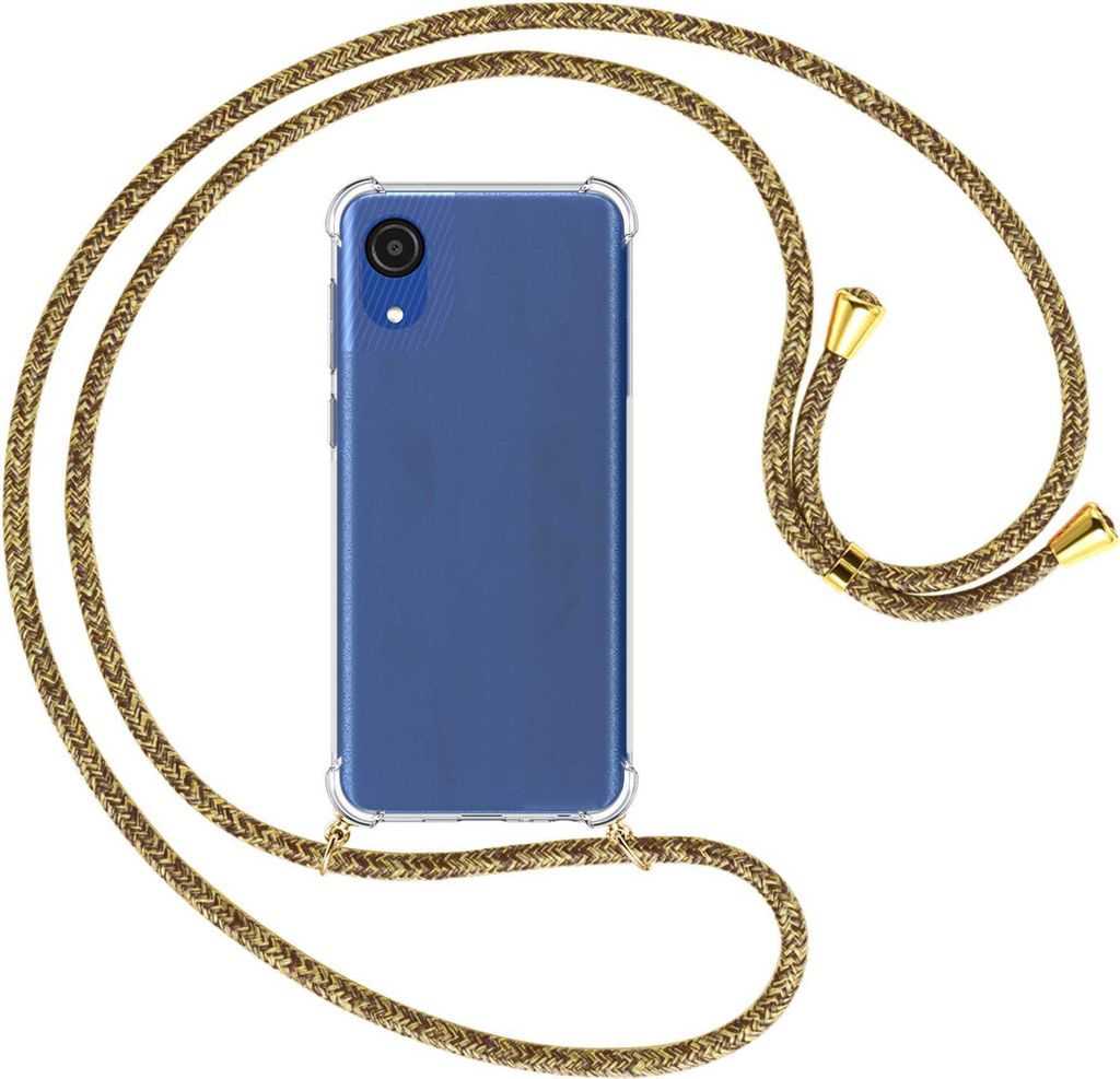 Handykette Backcover-Schutzhülle mit Band (Metall goldfarben) für Samsung Galaxy A03 Core (SM-A032 6.5'') - braun+beige