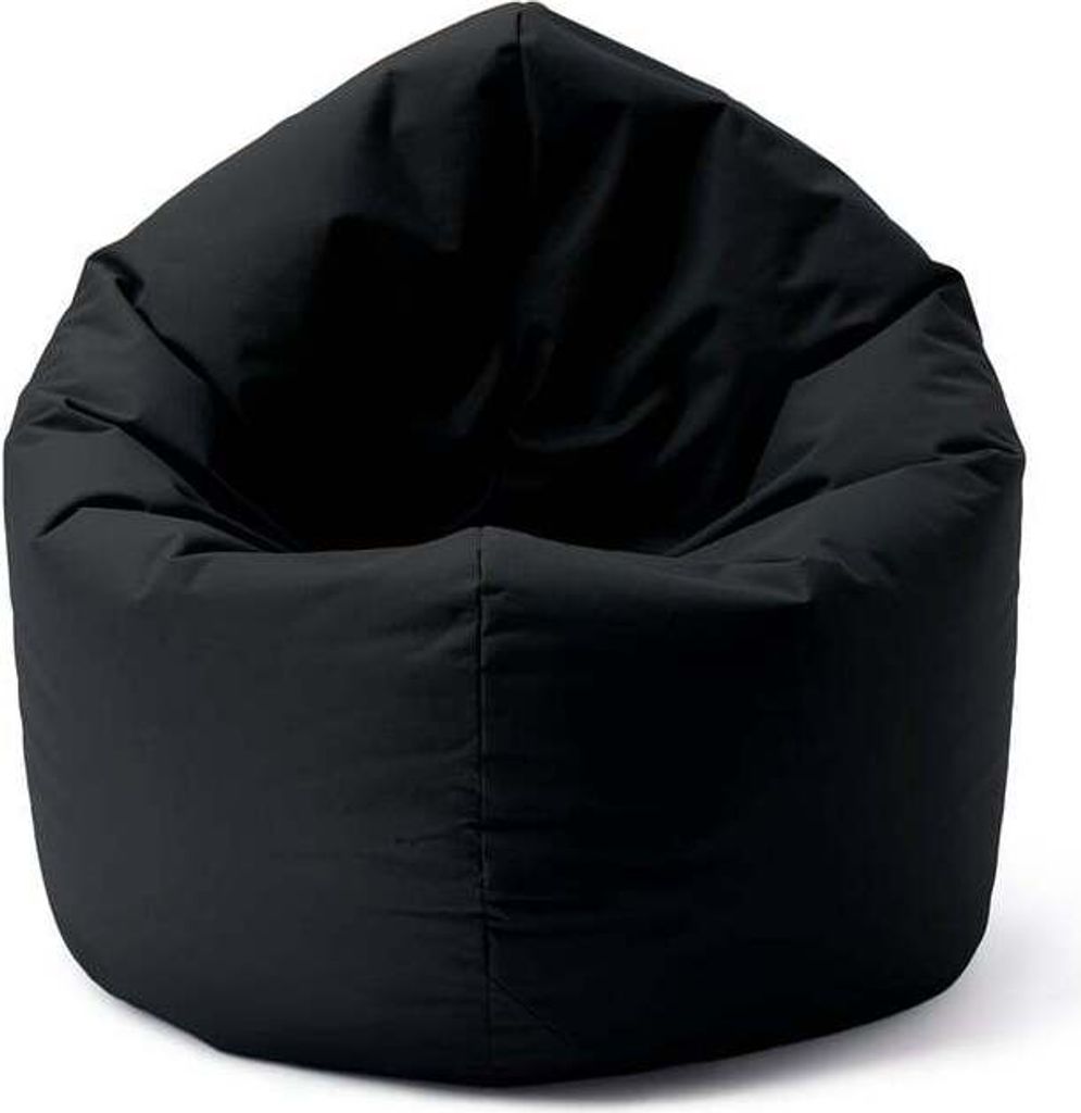 A black beanbag chair on a white background.