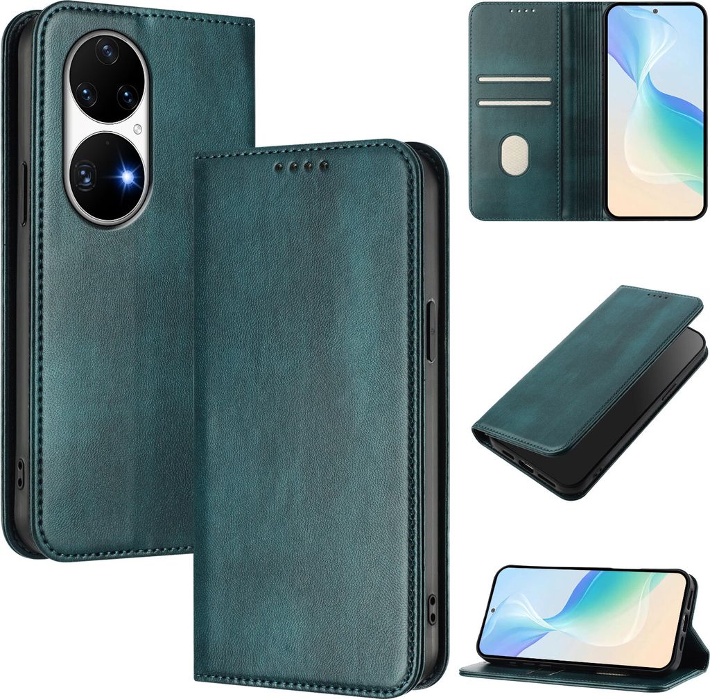 Handyhülle für Huawei P50 Pro, Vintage Leder RFID Schutz Kartenfach Standfunktion Magnetische Klapphülle Grün