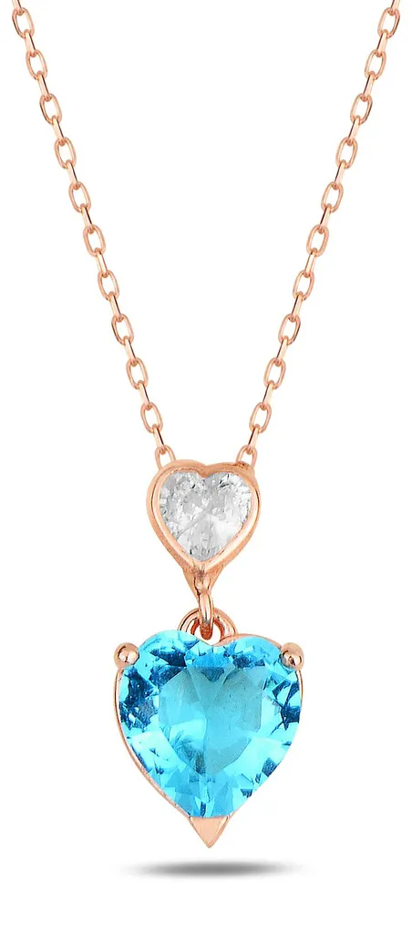 Collier en argent 925 plaqué or rose deux cœurs aigue-marine et zircons