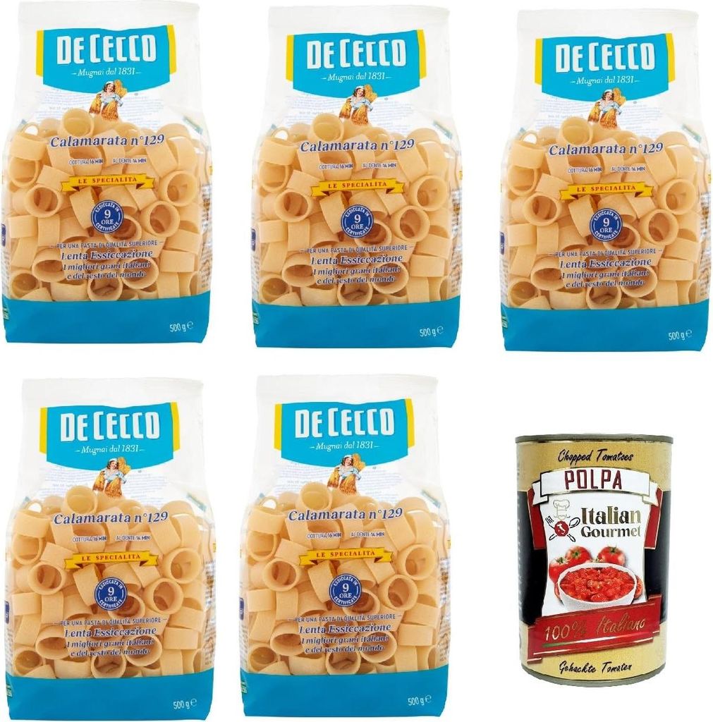 De Cecco Le Specialità Calamarata N°129, 100% Italienisch Pasta Nudeln 5x 500g + Italian Gourmet Polpa 400g