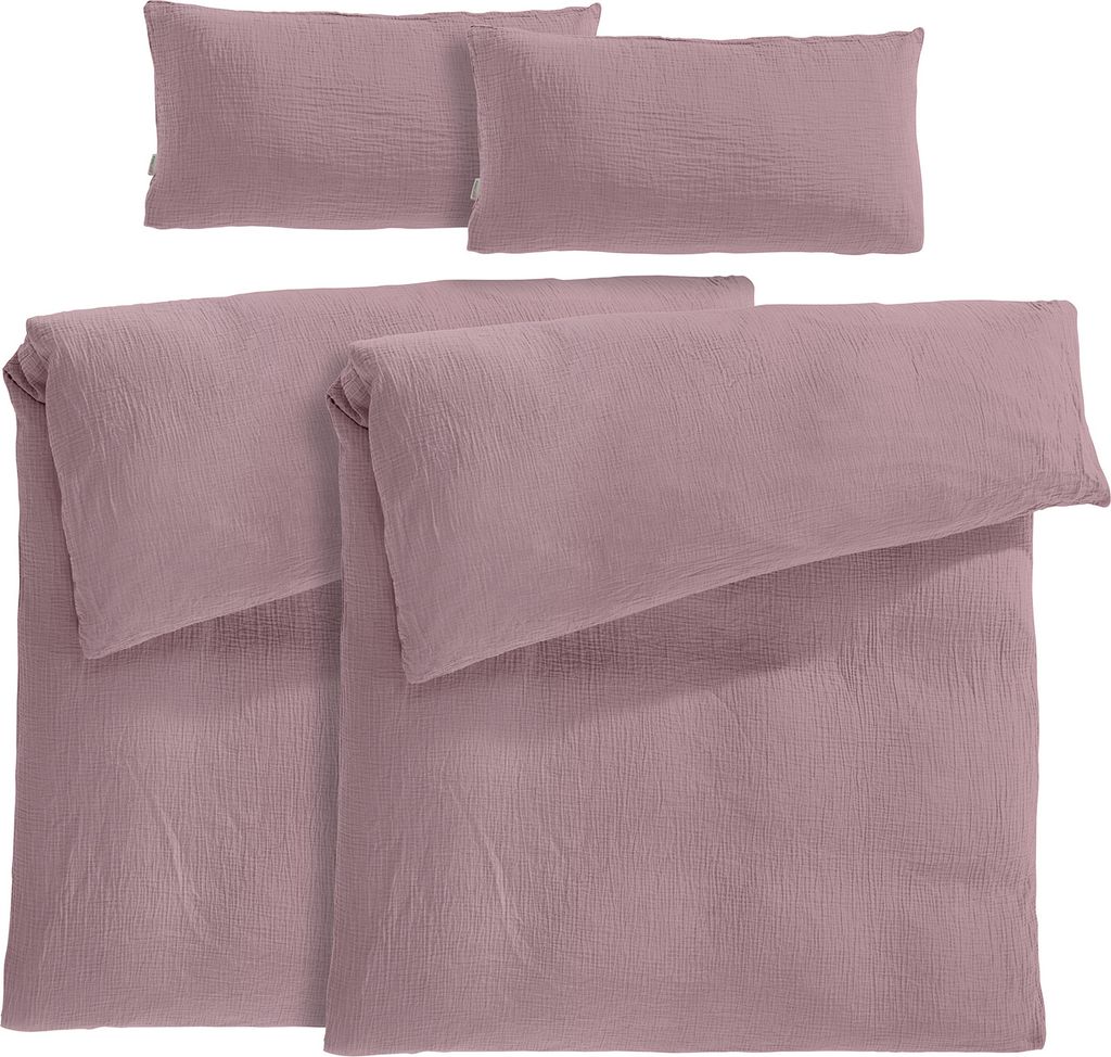 Pure Label Musselin Bettwäsche 155x220 4 teilig bestehend aus Bettbezug 155 x 220 cm 2er Set + Kissenbezug 40x80 cm 2er Set aus Baumwolle in Mauve