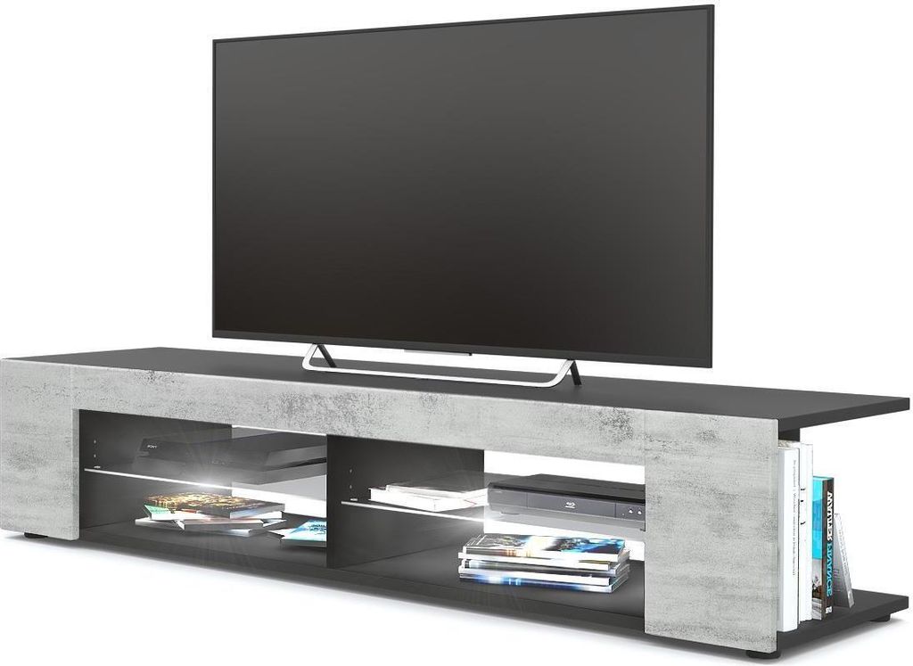 Vladon Lowboard Movie, TV-Kommode mit 4 offenen Fächern und Zierleisten, Schwarz matt/Beton Oxid-Optik, inkl. LED-Beleuchtung weiß (134 x 29 x 39...