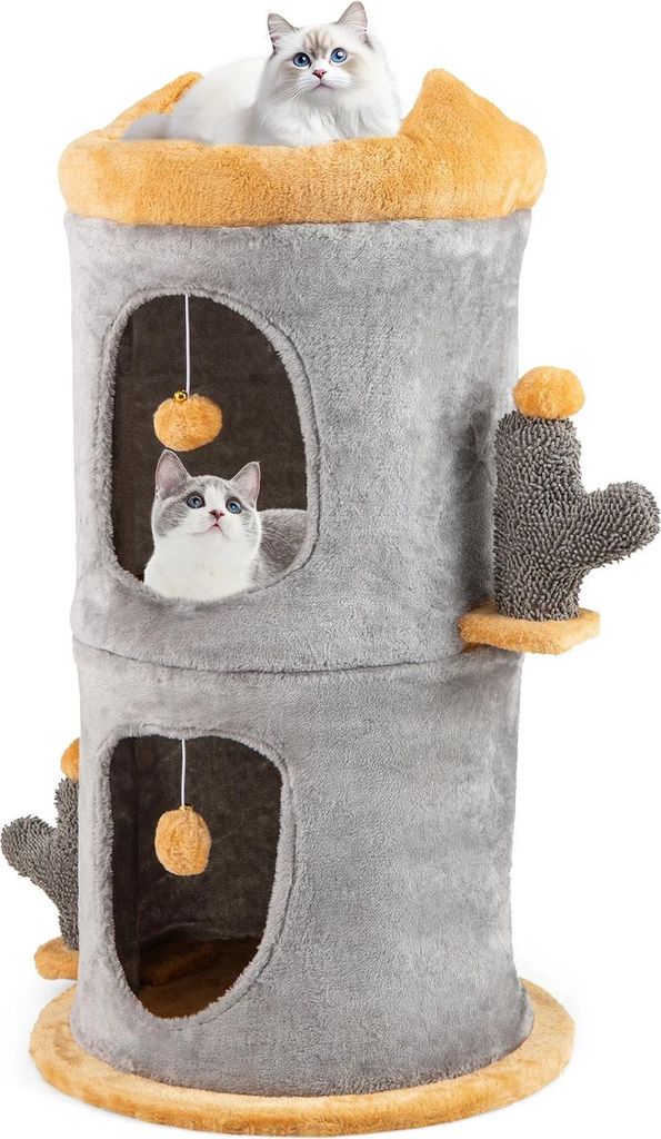 Kratzbaum - Kratztonne - 2 Katzenhöhlen - 2 Ebenen - Katzenbett Oben - 2 Bälle & Kratzsäulen - Holz - Grau