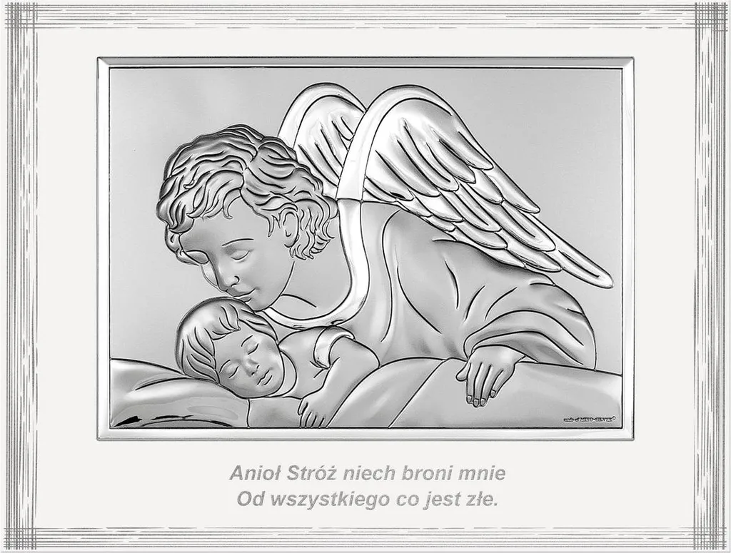Ange gardien argenté moderne 9x12 cm : cadeau baptême idéal lit
