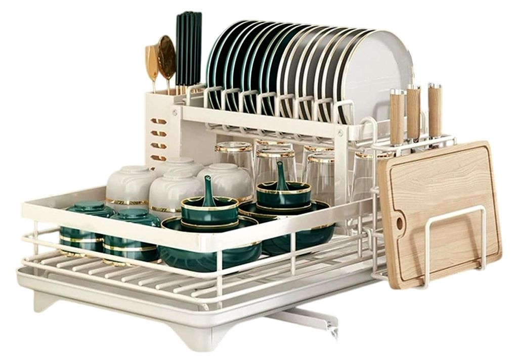 EIN-/Doppelschichtiges Geschirrgestell mit platzsparendem Abtropfbrett und drehbarem Abflussrohr für die Küche