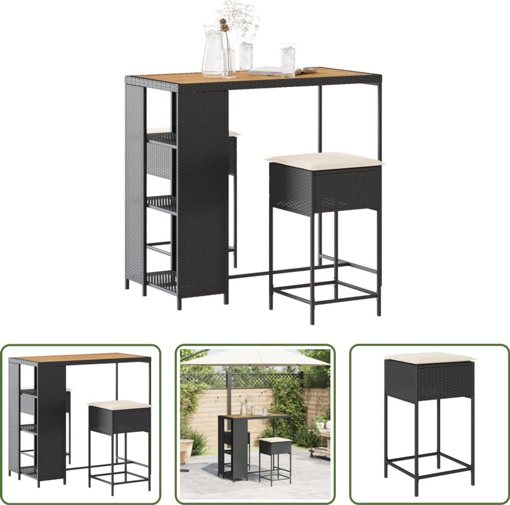 The Living Store 3-tlg. Gartenbar-Set mit Kissen Schwarz Poly Rattan