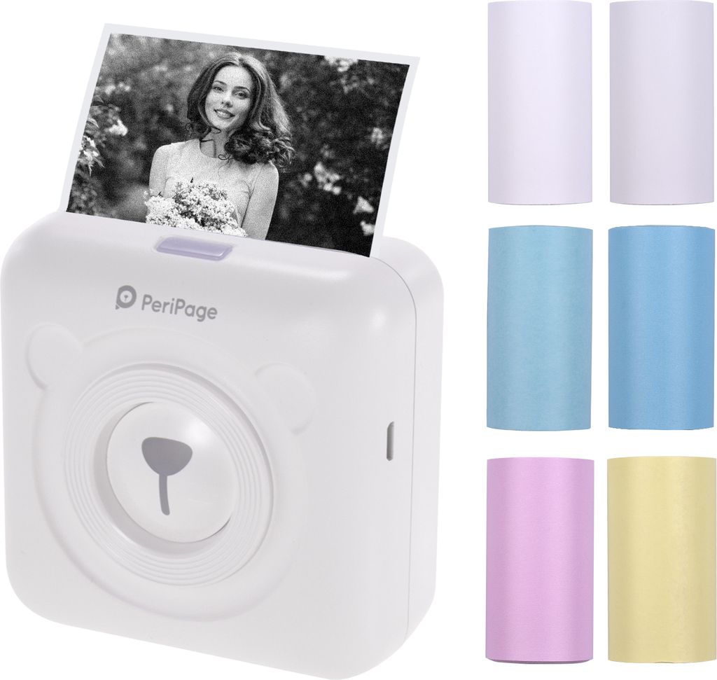 PeriPage Mini Pocket Etikettendrucker Labelprinter Thermodrucker Papierdrucker mit Bluetooth-Verbindung mit 2×weißes Thermopapier + 3 farbiges Th...