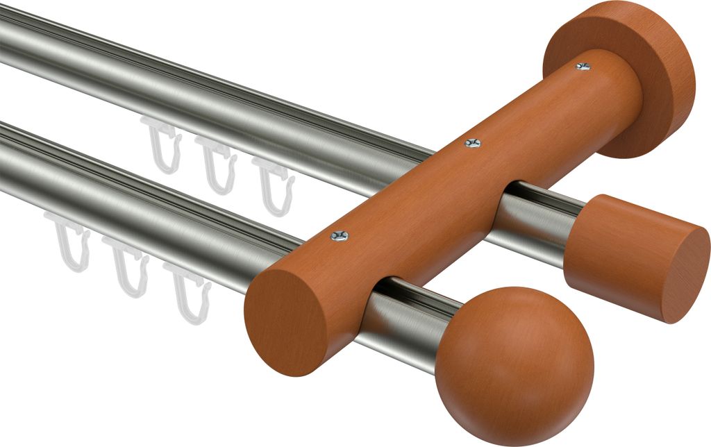 Interdeco Innenlaufstange / Gardinenstange mit Innenlauf Edelstahl-Optik / Kirschbaum lackiert, Typ Talent Luina (Kugel), 20 mm Ø 2-läufig, 240 cm