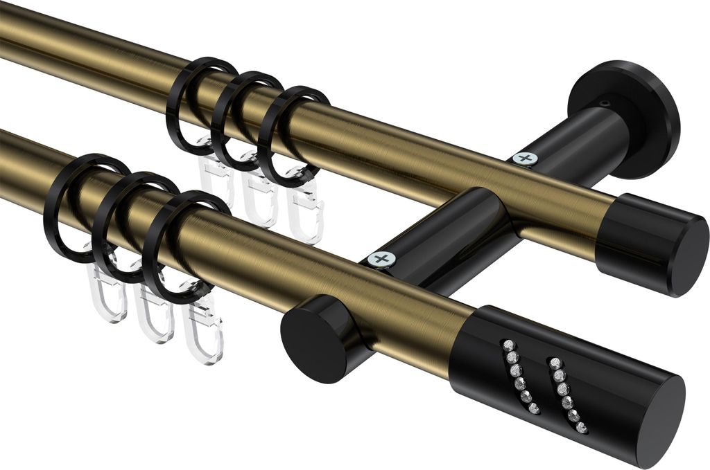 Interdeco Gardinenstange / Vorhangstange Messing Antik / Schwarz, Typ Platon Zoena (Glitzerzylinder), 20 mm Ø 2-läufig, 220 cm