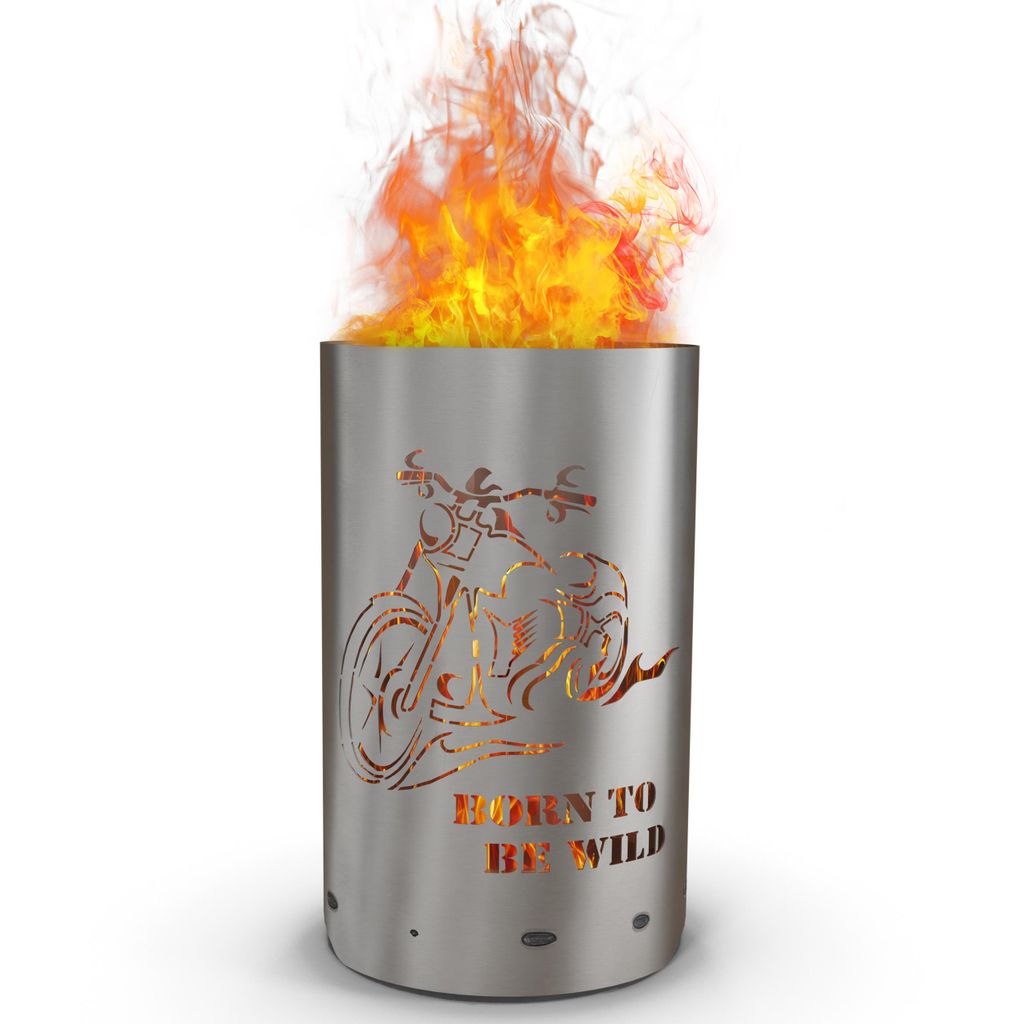 A metal fire pit with a motorcycle design and flames coming out of the top.