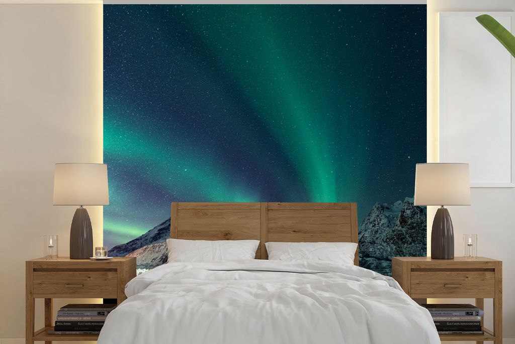 MuchoWow Fototapete für Wohnzimmer oder Schlafzimmer Wandtapete Vinyl Motivtapete Nordlicht - Berg - Schnee - Grün - Sternenhimmel - Winter - 3...