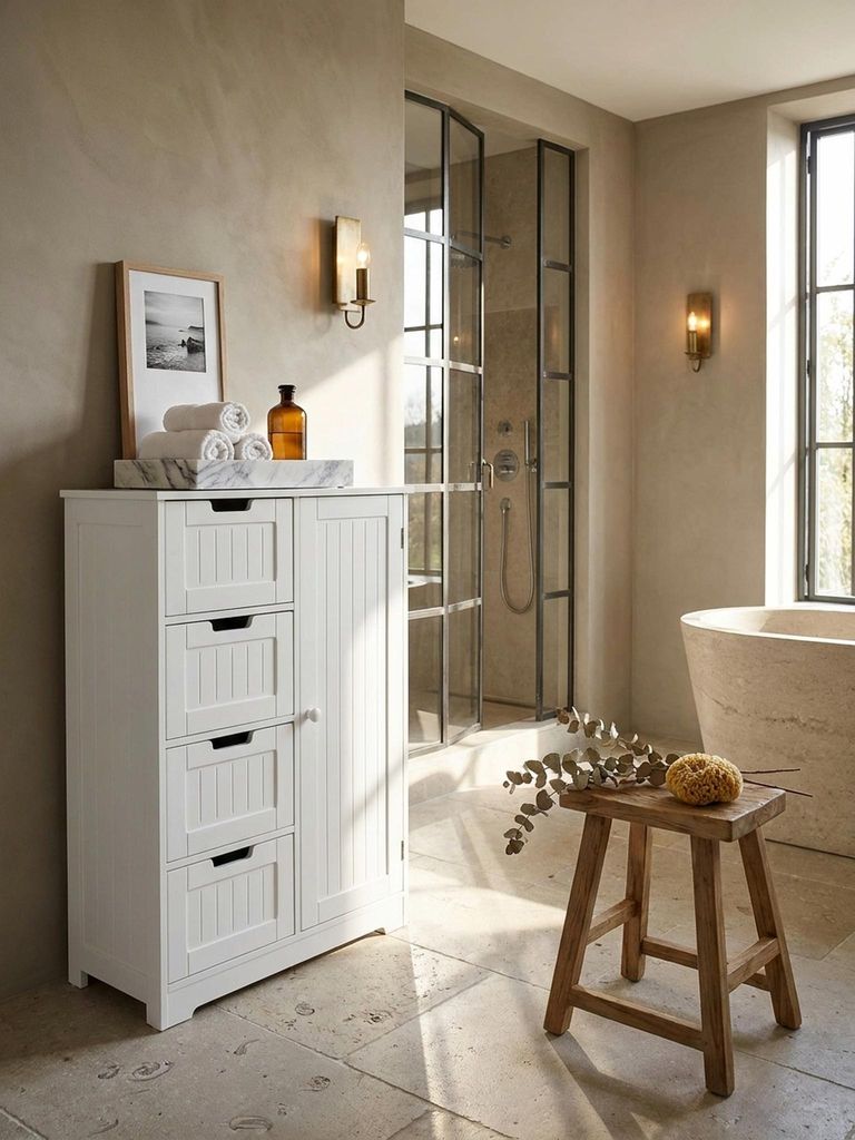 Design Badschrank PATTI Landhaus-Stil MDF-Holz 56 x 83 x 30 cm weiß, Badezimmerschrank klein 4 Schubladen & 1 Tür, Beistellschrank Mehrzweckschrank