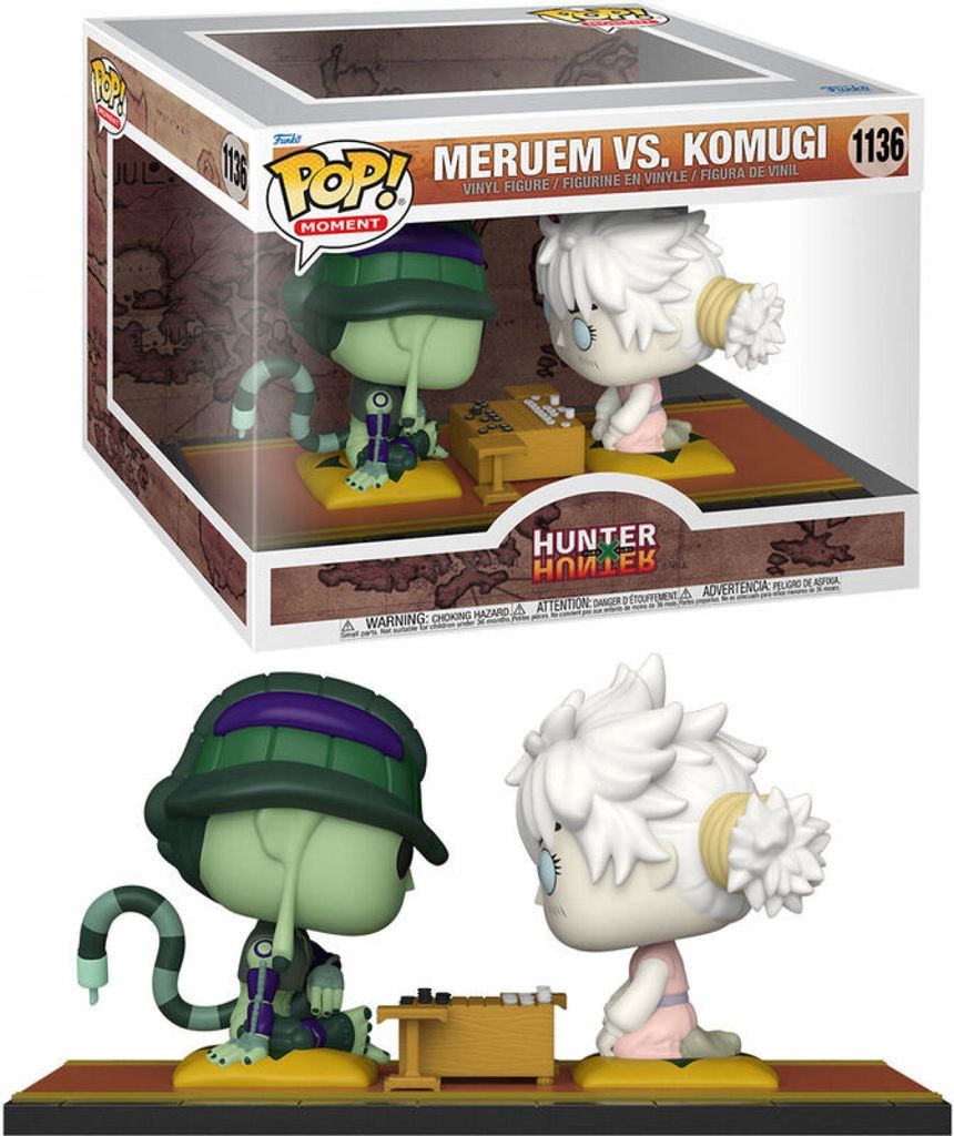A Funko Pop! Moments collectible figure set of Meruem and Komugi from Hunter x Hunter, displayed in its original packaging and also shown outside of the packaging.
