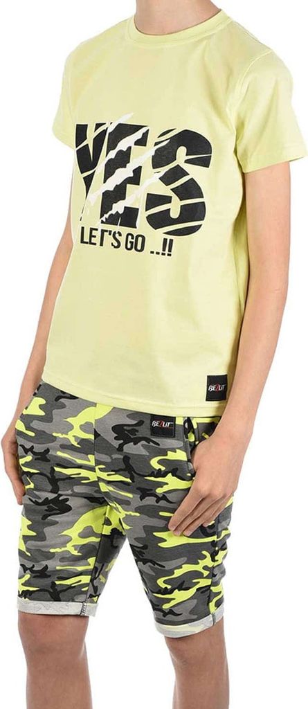 BEZLIT Jungen Sommer Set T-Shirt YES und Stoff Shorts Gelb / Grün Camouflage 116/122