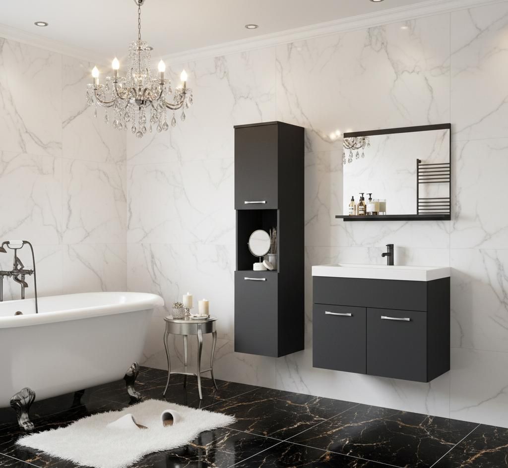 MINIO go for it, Badezimmer, Badmöbel 3-Teilig Set "MONAL", mit Waschbecken, Schwarz Farbe