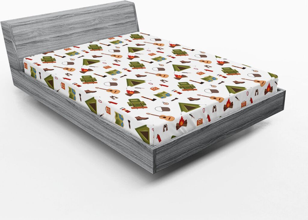 ABAKUHAUS Camping Spannbetttuch, Lagerfeuer Karte Laterne Gitarre und Kompass Entdeckung in Woodland Boys Kids Cartoon, 160 x 200 cm, Mehrfarbig