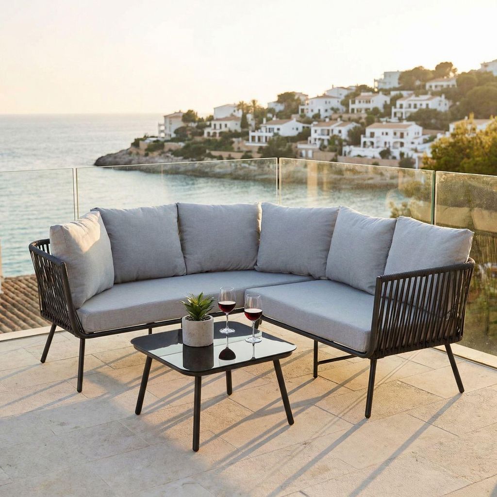 Gartenlounge JAKARTA, schwarz/grau - Outdoor Ecksofa mit Dreisitzer, Zweisitzer und Beistelltisch, robustes Metallgestell, wasserabweisende Kissen,...