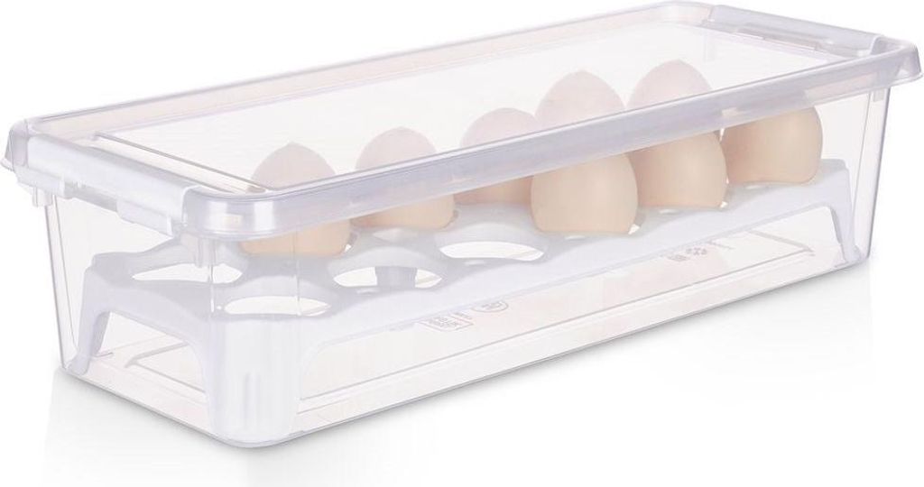 A clear plastic egg container with a lid, holding 12 eggs, is shown against a white background.