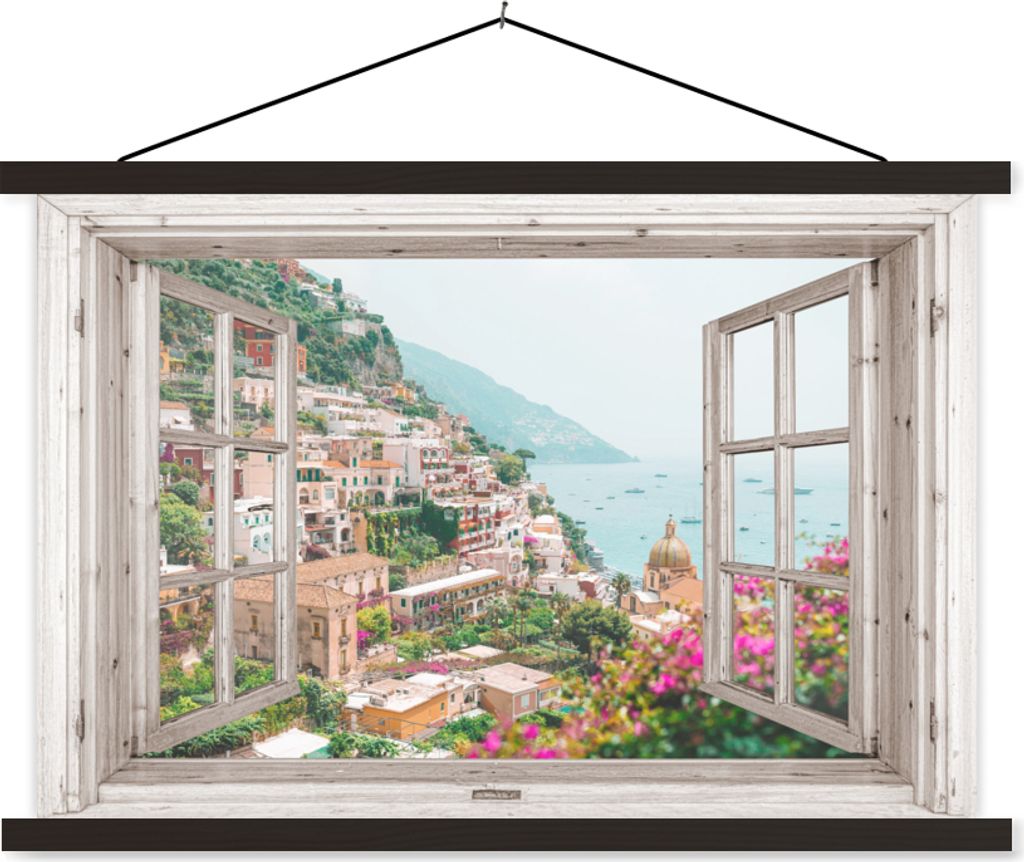 MuchoWow Textilposter Ausblick - Italien - Blumen - Meer - Küste - Stadt - Berge 120x80 cm mit schwarzem Rahmen - Wanddeko