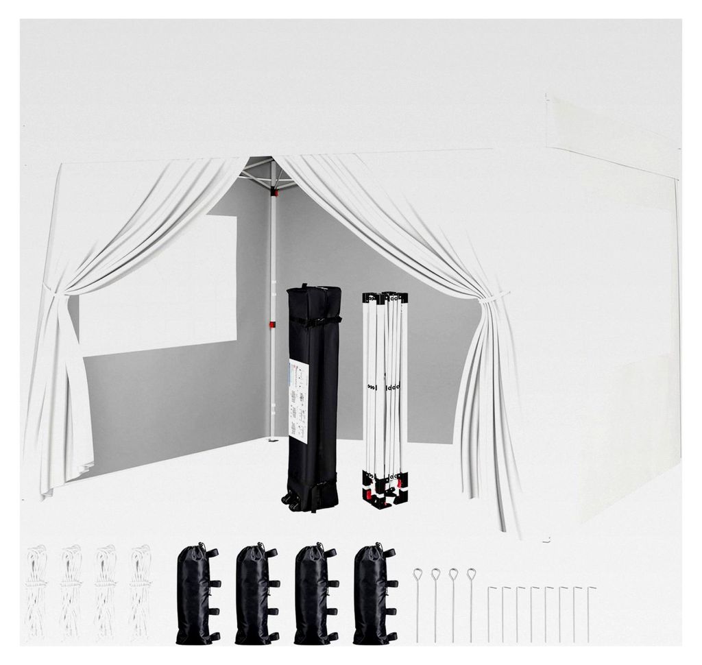 Pavillon 3x3m mit 4 Seitenwänden, Pop-up Faltpavillon, wasserdicht, winterfest, höhenverstellbar, mit Rolltasche, Stahlgestell, UV-Schutz 50+, weiß