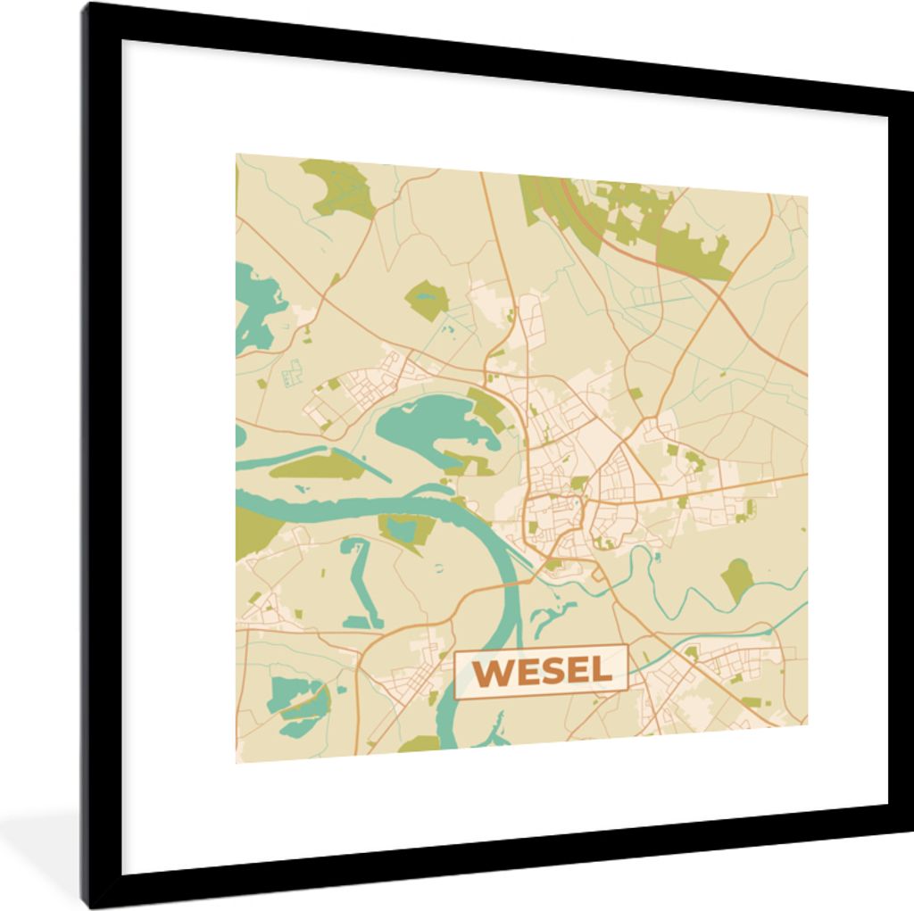MuchoWow Gerahmtes Poster Wesel - Karte - Stadtplan - Vintage - Karte 40x40 cm - Poster mit Schwarzem Bilderrahmen Wandposter Rahmen Foto Bilder ...