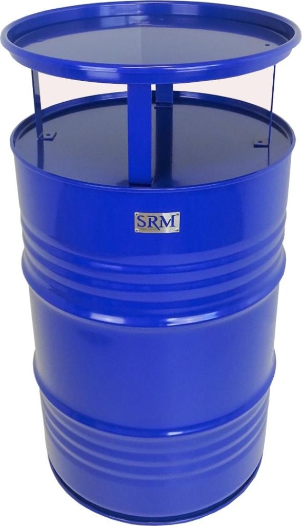 A blue barrel-shaped table with a top shelf.