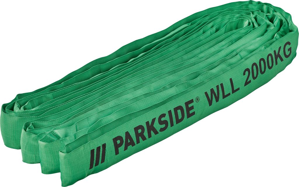 A green lifting sling is coiled and presented against a white background.