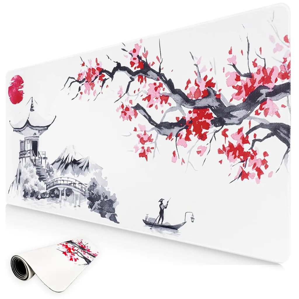 Tapis de souris gaming Sakura japonais blanc XXL 900x400mm pour Bureau