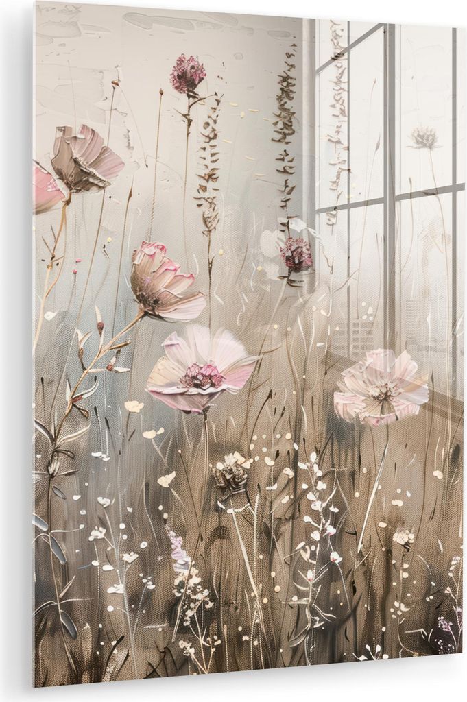 MuchoWow Glasbilder - Bilder auf Wandbild - Foto auf Glas Blumen - Rosa - Modern - Beige 60x80 cm Wanddekoration aus Glas - Acrylglasbild - Acrylbi...