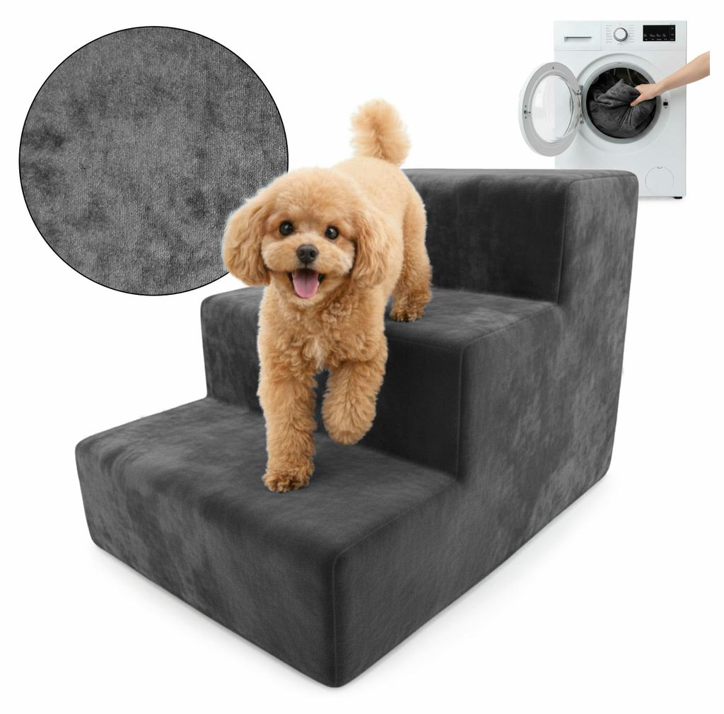 Muralo Treppe für Hund und Katze Rampe HUNDETREPPE Treppe für Haustiere 3 Stufen Graphit Magic Velvet Stoff