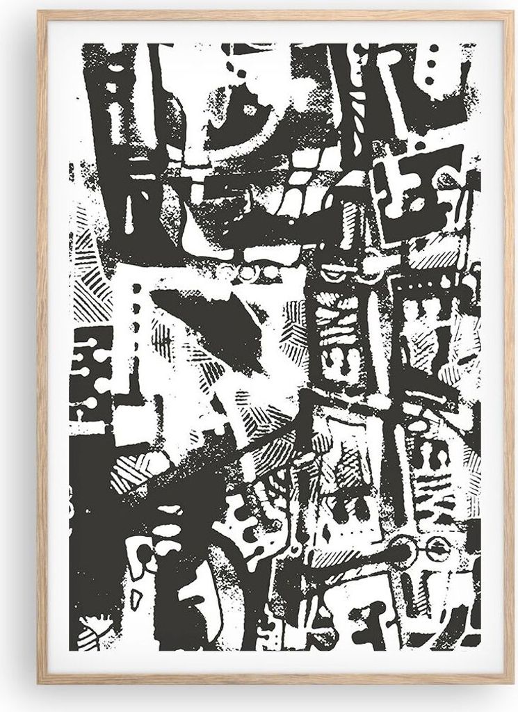 Gerahmtes Poster - Rahmen in heller Eiche - Schwarzweiß Figuren Abstraktion - 70x100 cm - Wand Bild - Wanddeko - Wandbilder - Kunstposter - Wandpo...
