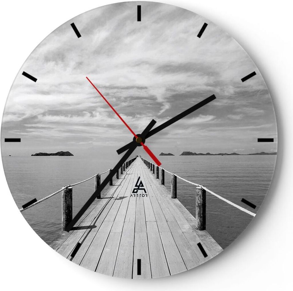 Wanduhr - Rund - Glasuhr - Holz Brücke Meer - 30x30cm - Schleichendes Uhrwerk - Lautlos - zum Aufhängen bereit - Dekoration Modern - Wanddekorati...