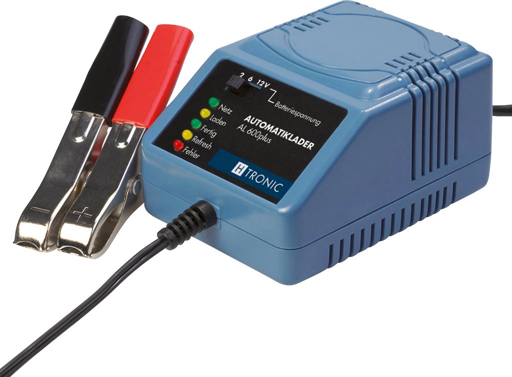 A blue battery charger with red and black clamps is shown against a white background.