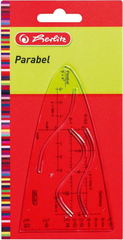 A product shot of a transparent plastic parabola ruler in its packaging.