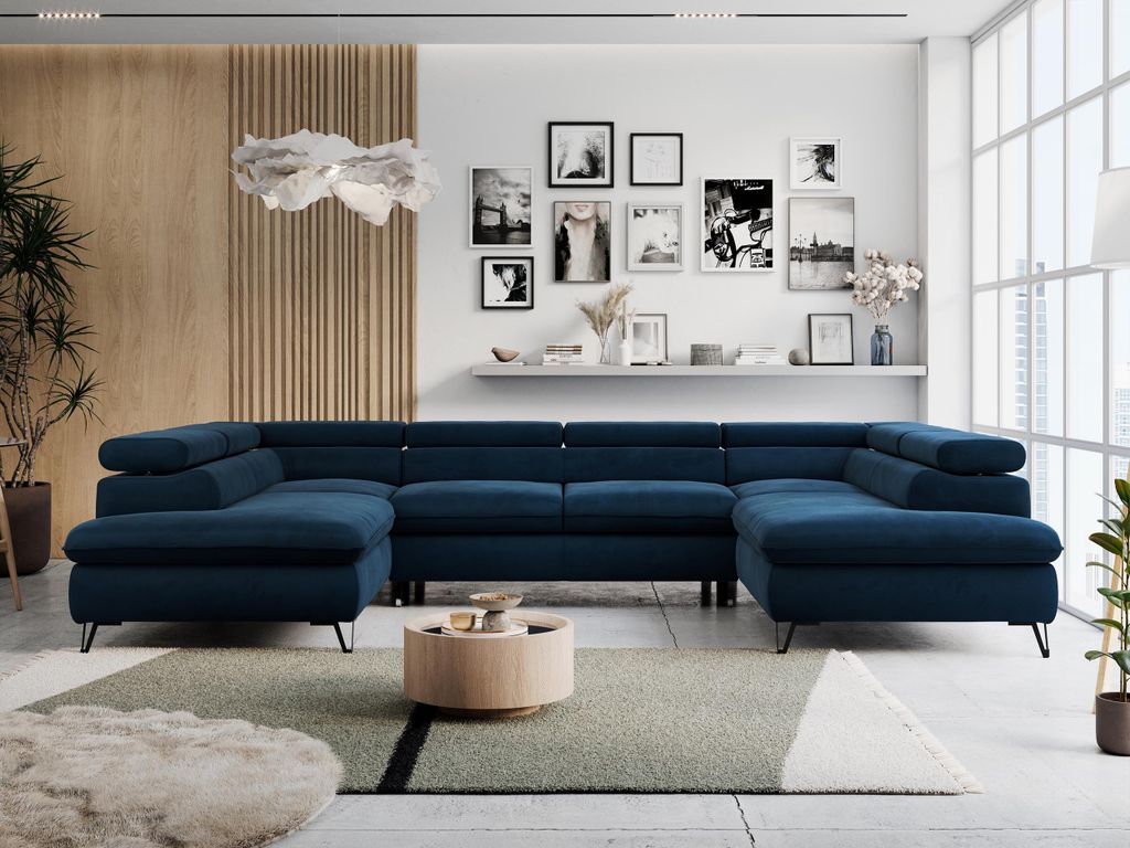 Wohnzimmersofa U-form, Eckcouch, Schlaffunktion und Bettkasten - PETER U - Velvet - Dunkelblau