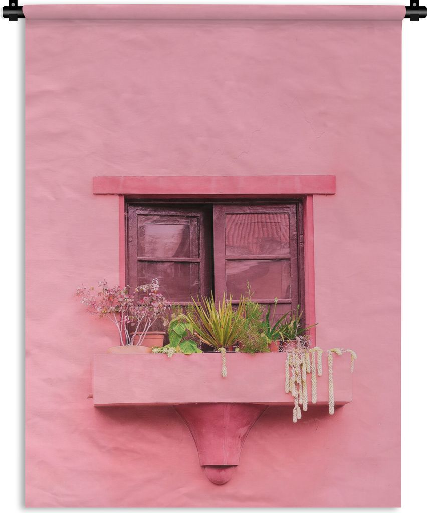 MuchoWow Wandteppich Wandbehang Fenster - Pflanzen - Rosa - Pflanzgefäß 60x80 cm Tapisserie Dekoration Wandtuch - Decke - Wandtücher - Wohne