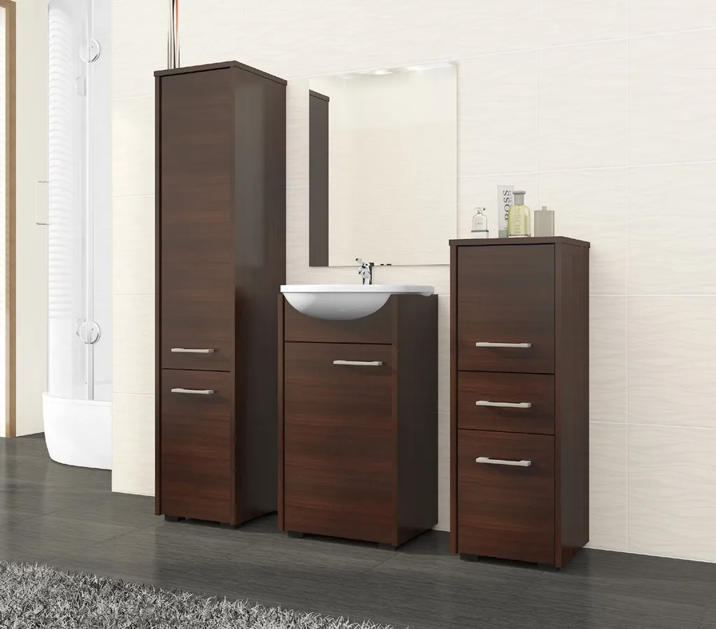Grand meuble sous vasque 140 cm Wengé avec étagères et double porte