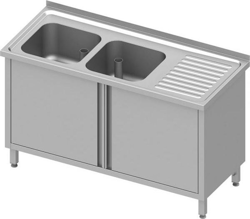 Spülschrank mit Flügeltüren, 1600x700x850 mm, mit zwei Becken links, mit Aufkantung, verschweißt