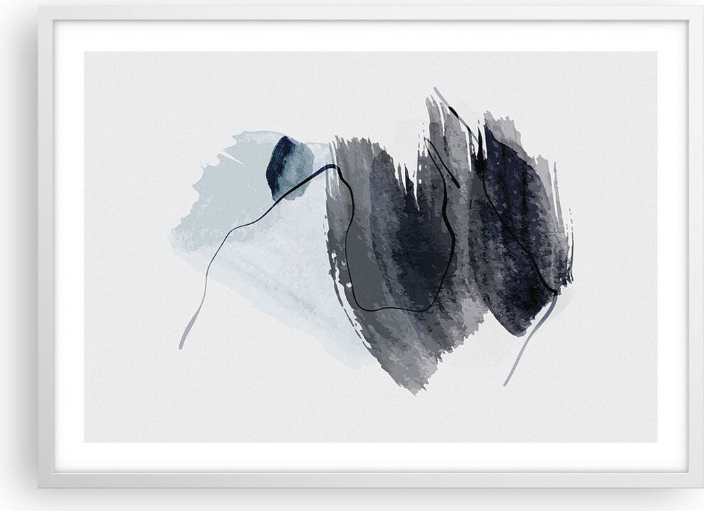 Gerahmtes Poster - Weißer Rahmen - Blau Grau Aquarell - 70x50 cm - Wand Bild - Wanddeko - Wandbilder - Kunstposter - Wandposter - Bilderrahmen - B...