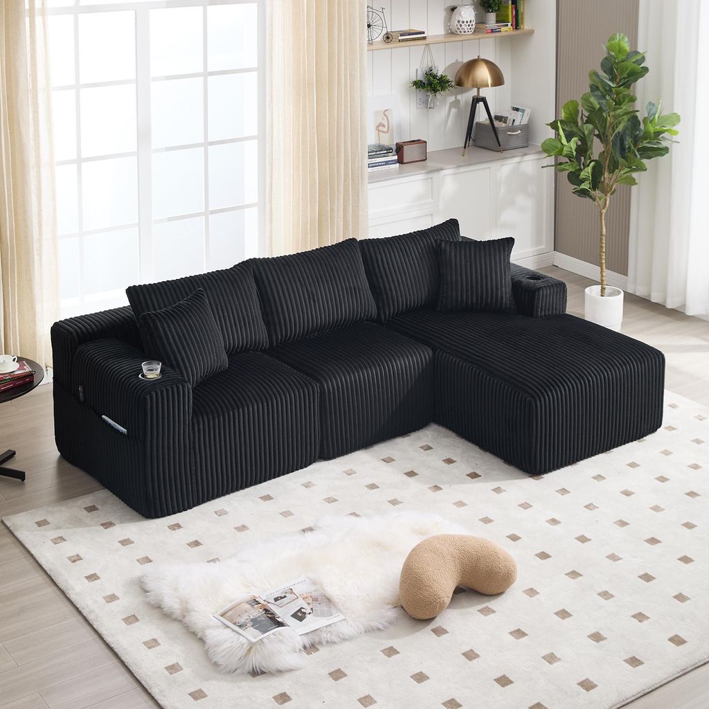 STILVORA Ecksofa mit Chaiselongue und 2-Sitzer ,Relaxsofa mit 5 Kissen seitliche Taschen und Getränkehalter,Loungesofa mit Schaumstoff,Big Sofa, S...