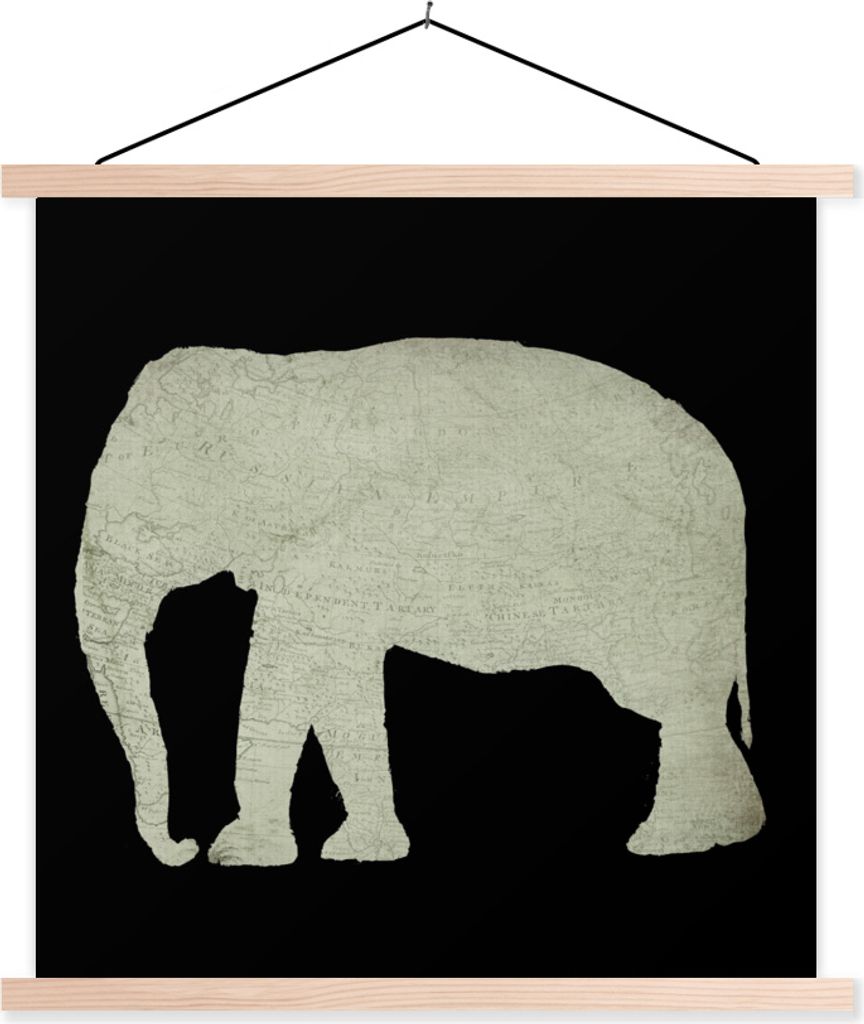 MuchoWow Textilposter Elefant - Karte - Vintage 120x120 cm mit holzfarbenen Rahmen - Textil-Poster