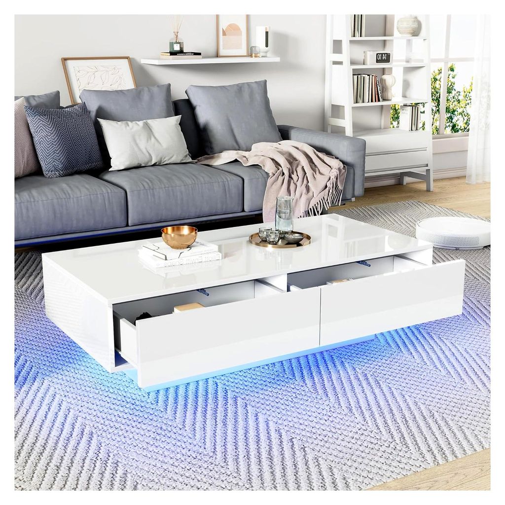 Hochglanz-Couchtisch, 115 x 55 x 34 cm, mit 2 Schubladen, 30 kg Tragfähigkeit - Wohnzimmer-Couchtisch (Weiß)