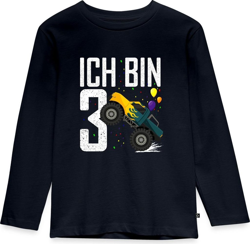 Spreadshirt 3. Geburtstag Ich Bin Drei Monster Truck Spruch Auto Kinder Premium Langarmshirt, 98/104 (2 Jahre), Navy