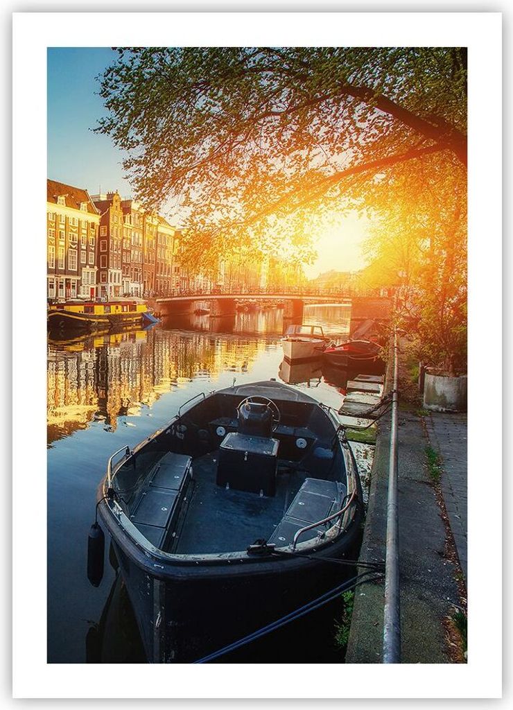 Poster - Poster ohne Rahmen - Kanal Boot Amsterdam Wasser - 50x70 cm - Wand Bild - Wanddeko - Wandbilder - Kunstposter - Wandposter - Bilder - Kuns...
