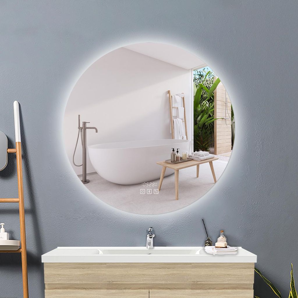 Badspiegel mit LED Beleuchtung Rund 80cm Uhr Bluetooth 3 Lichtfarbe Dimmbar Wandspiegel mit Touch/Wandschalter Speicherfunktion