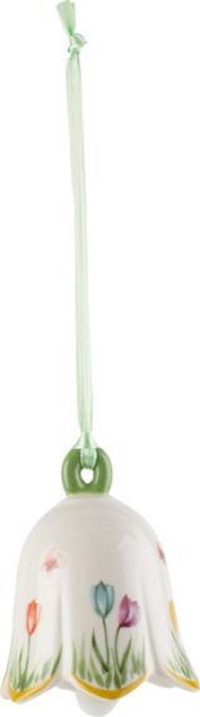 A single Villeroy & Boch New Flower Bells Ornament Tulpe hanging from a light green ribbon against a white background.