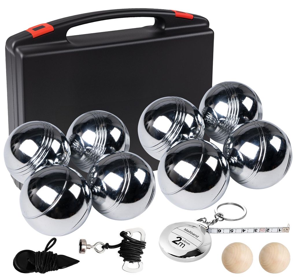 8er Boule Set Boccia Kugeln mit 2 Zielholzkugeln, 2 Messwerkzeuge, 1 Boule-Kugelmagnet und Tragetasche, 4 Oberflächenstrukturen, Outdoor Boccia Spiel